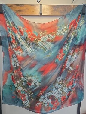Floral Ombre Square Scarf in Teal & Coral